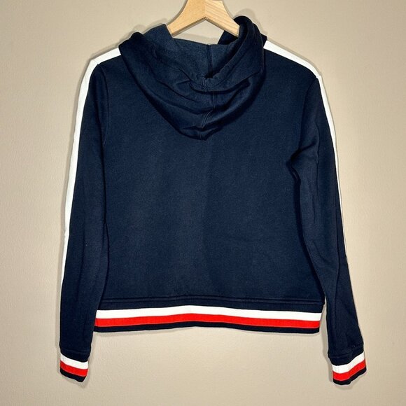Women's S Tommy Hilfiger Pullover Hooded Sweatshirt Navy White Red Logo Cropped - Picture 3 of 6